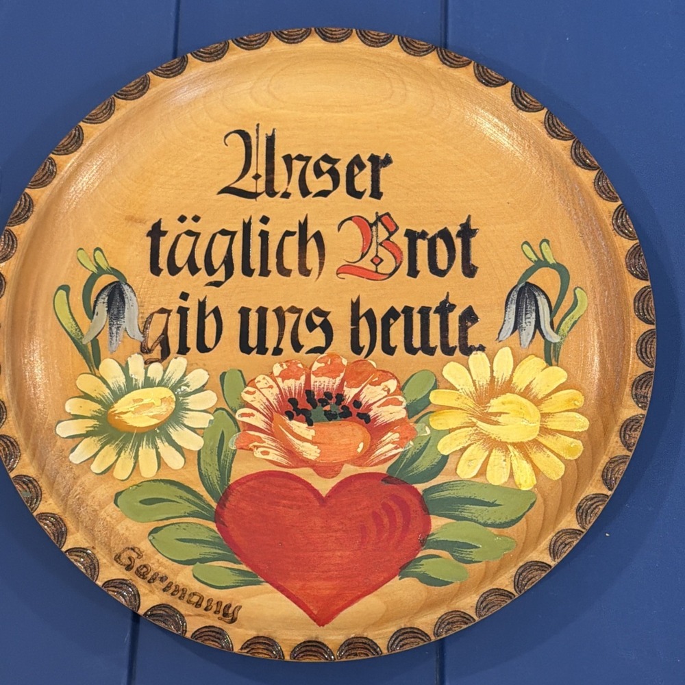 Vtg German Give Us This Day Hand Painted Wooden Decor Plate Made In Germany‎